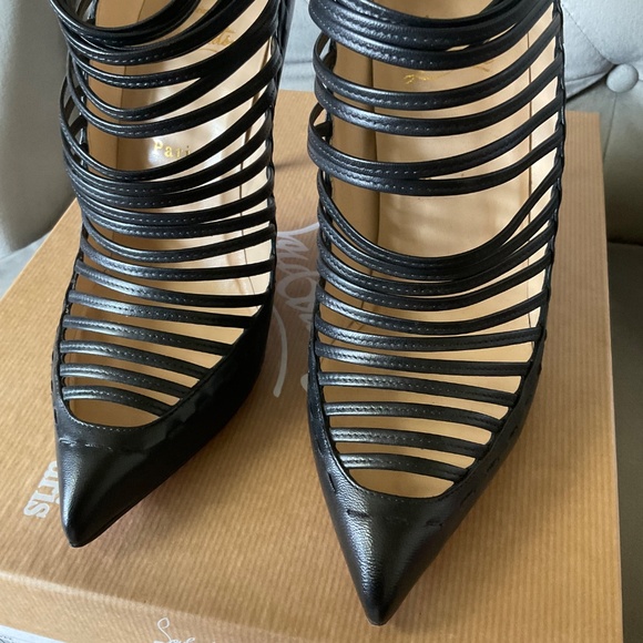 Christian Louboutin Black Leather Gortik 100 Booties Size 39.5 Caged Pump Kid - Picture 3 of 15